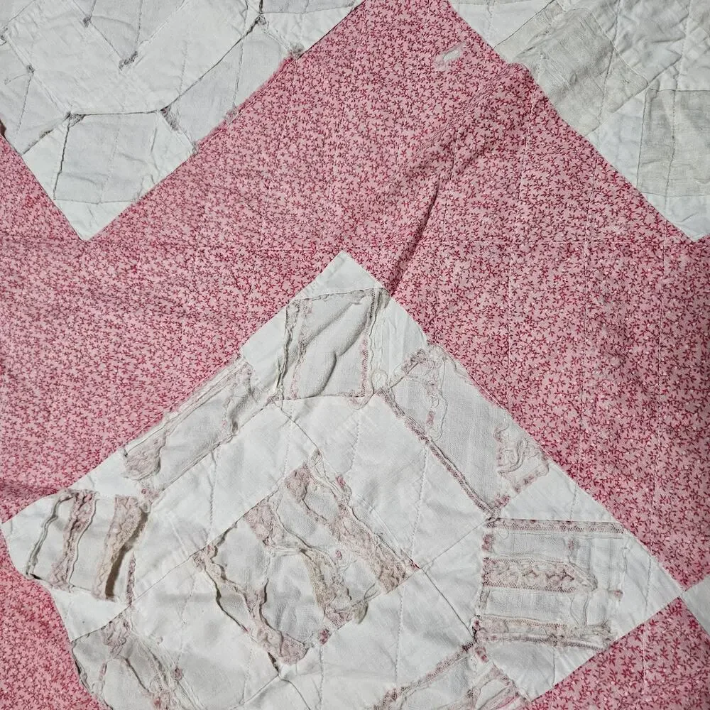Vtg Hand pieced patchwork quilt 80X80 Chimney sweep design damage stains READ